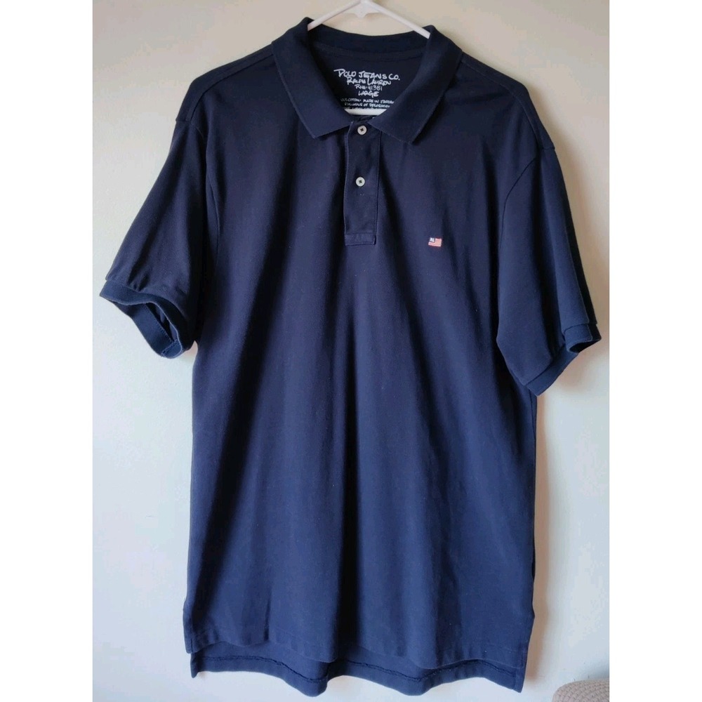 Polo Ralph Lauren Golf Shirt‎ Embroidered Flag Logo Navy Blue 100% Cotton Size L